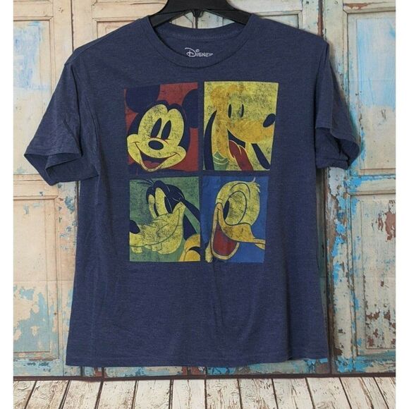 Disney Womens Large Blue Pluto Mickey Mouse Donald Duck Goofy Graphic T Shirt - Picture 1 of 6